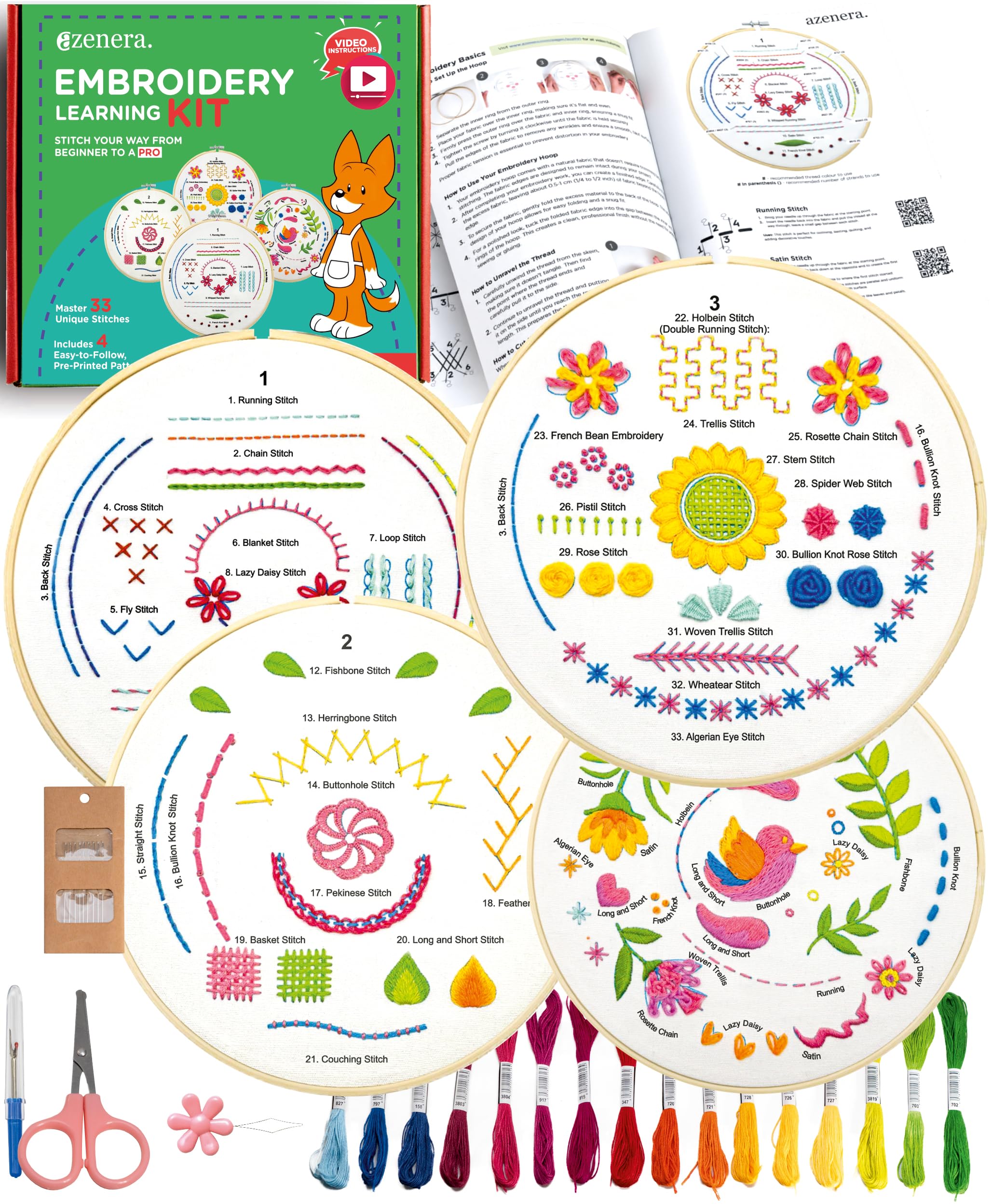 Azenera Beginner Embroidery Kit (4 Pack) Learn 33 Stitches